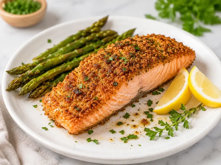 Seasoned air fryer salmon fillet served with asparagus and lemon wedges on a white plate