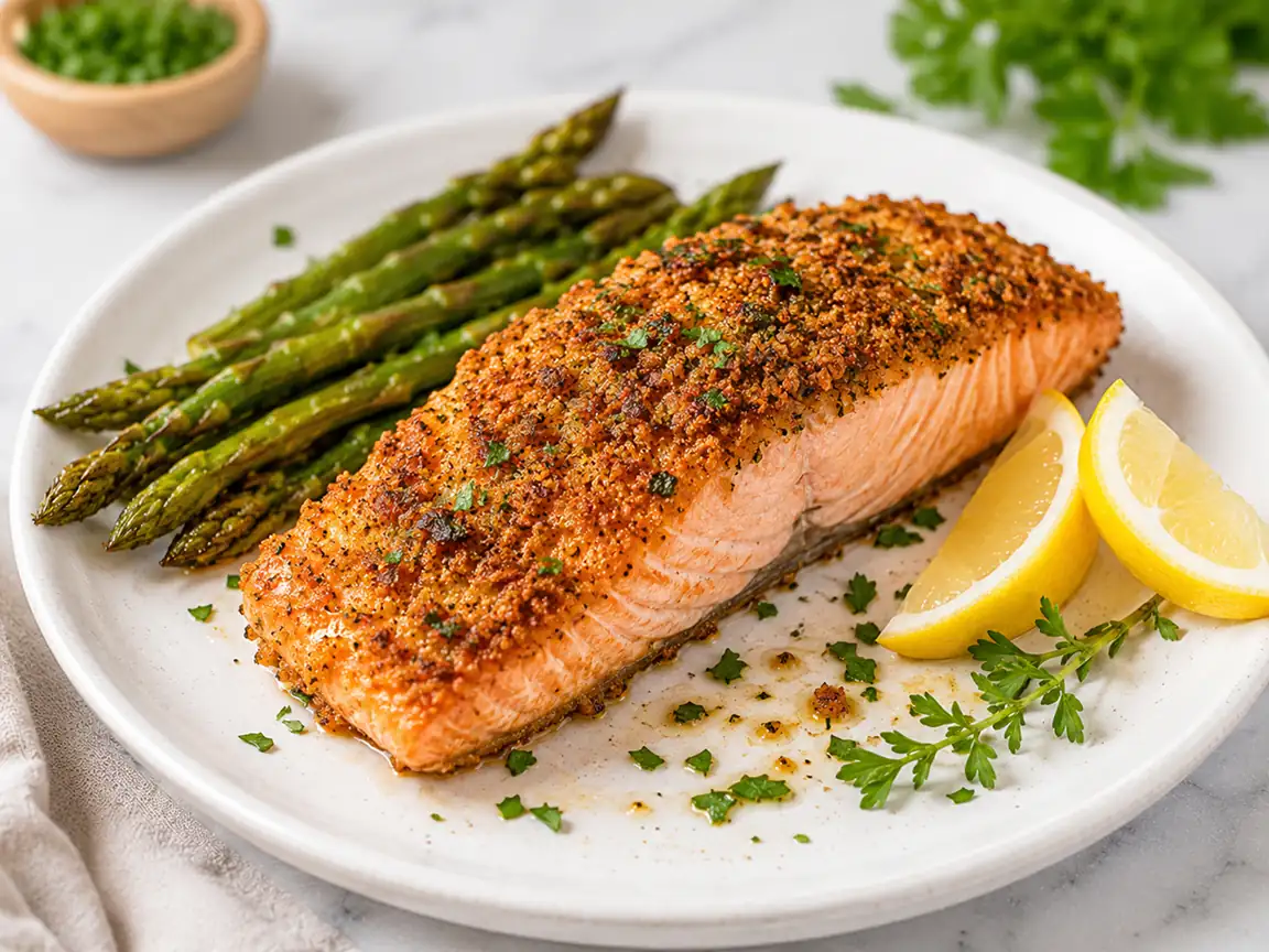 Seasoned air fryer salmon fillet served with asparagus and lemon wedges on a white plate
