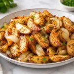 Air fryer potato wedges with onions served on a ceramic plate with herbs and crispy golden edges