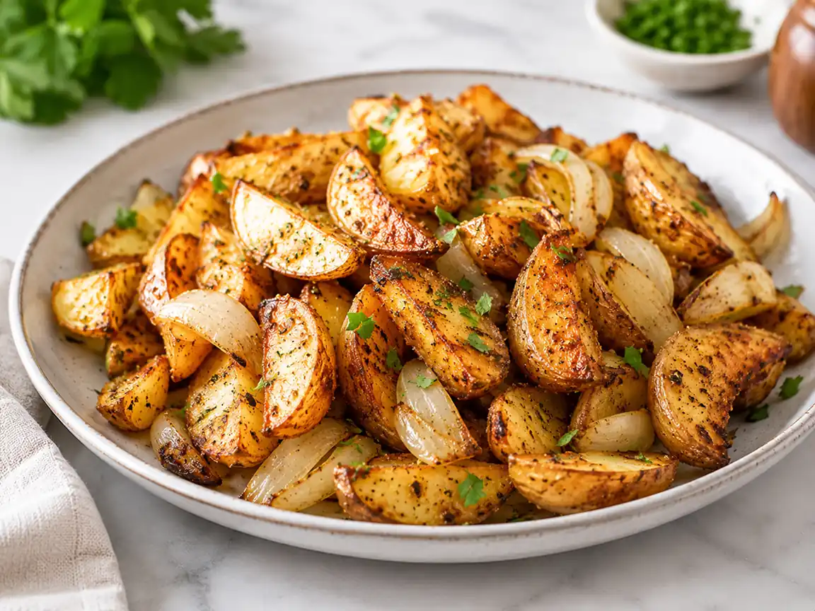 Air fryer potato wedges with onions served on a ceramic plate with herbs and crispy golden edges
