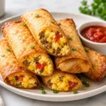 Crispy air fryer breakfast taquitos filled with eggs sausage and peppers served with salsa