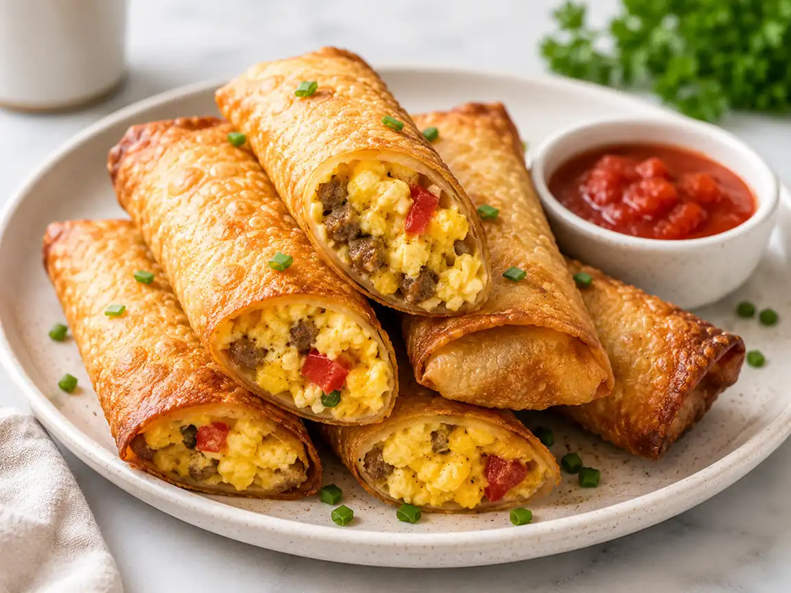 Crispy air fryer breakfast taquitos filled with eggs sausage and peppers served with salsa