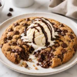 Warm chocolate chip cookie skillet topped with vanilla ice cream and chocolate drizzle on a ceramic plate