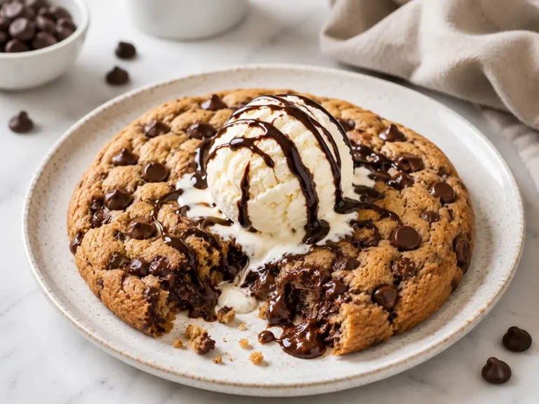 Warm chocolate chip cookie skillet topped with vanilla ice cream and chocolate drizzle on a ceramic plate