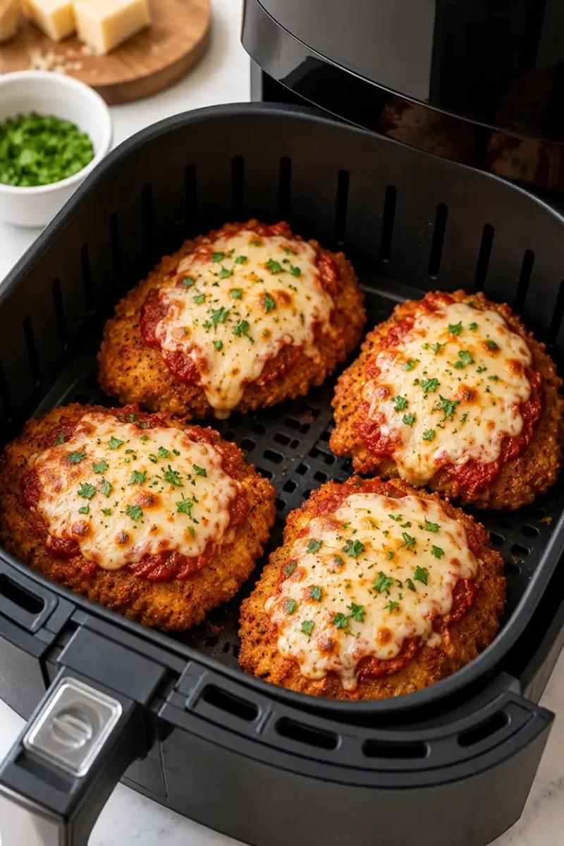 Crispy air fryer chicken parmesan topped with melted cheese inside a black air fryer basket