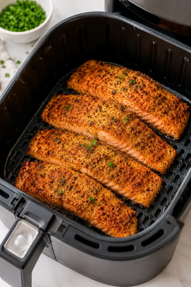 Spiced salmon fillets cooking inside a black air fryer basket with crispy seasoned tops