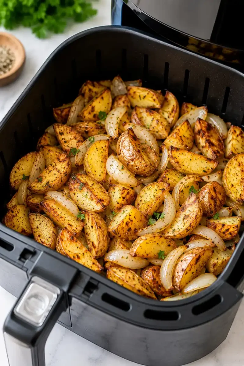 Seasoned potato wedges and onion slices cooking inside a black air fryer basket