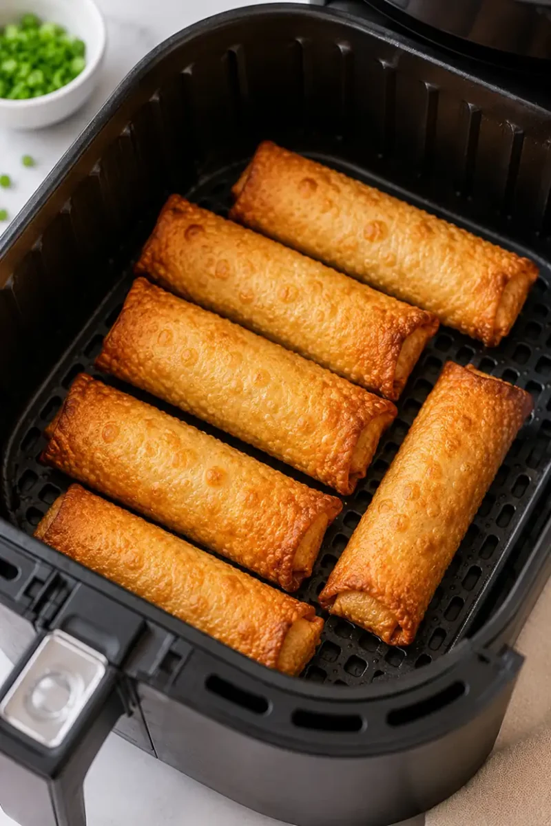 Golden breakfast taquitos cooking inside a black air fryer basket until crispy