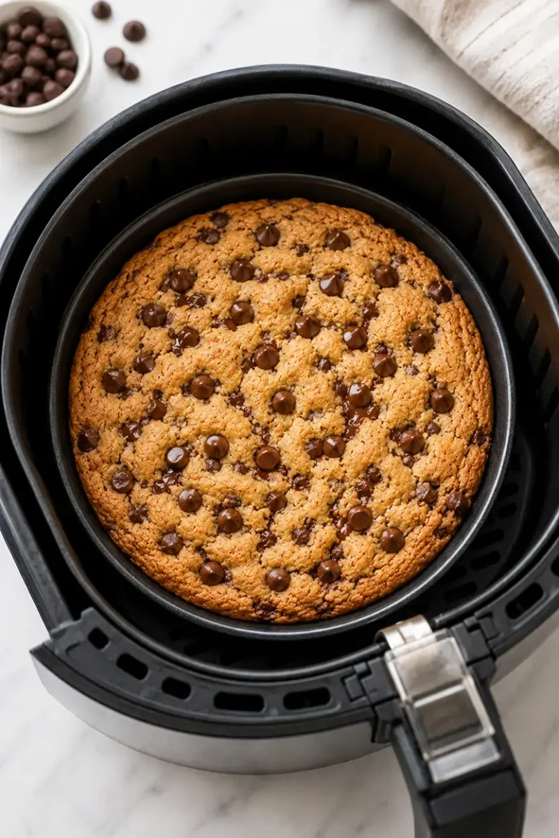 Large chocolate chip cookie baking inside a black air fryer basket until golden brown