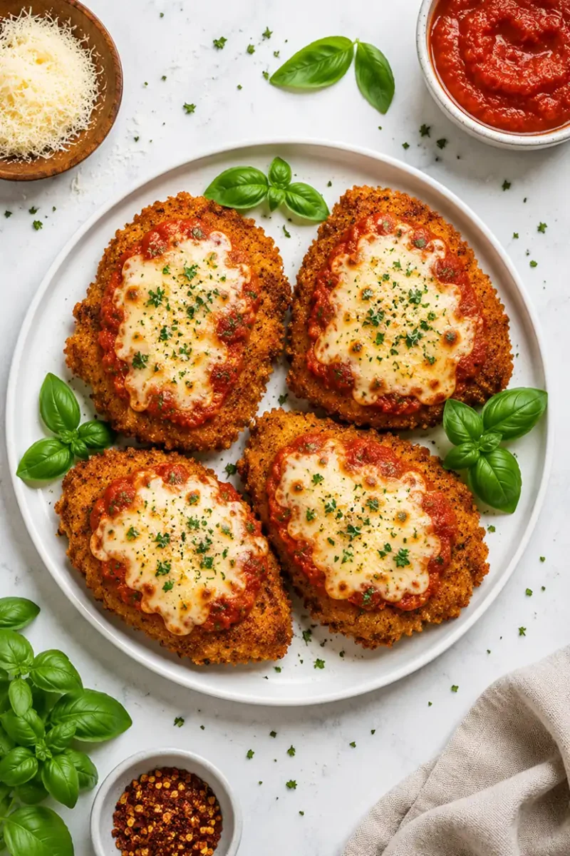 Homemade air fryer chicken parmesan cutlets with marinara sauce and melted cheese on a serving platter