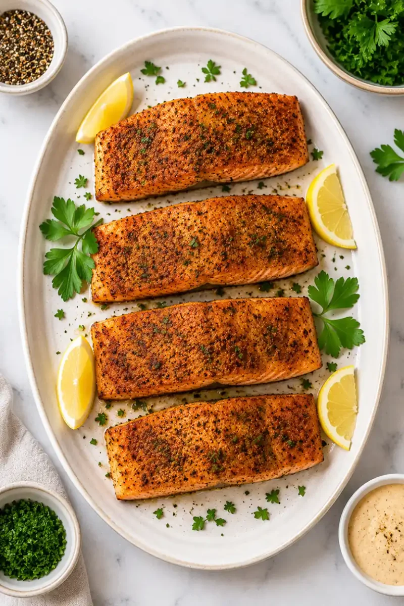 Four seasoned salmon fillets plated with lemon wedges and fresh parsley on a serving tray