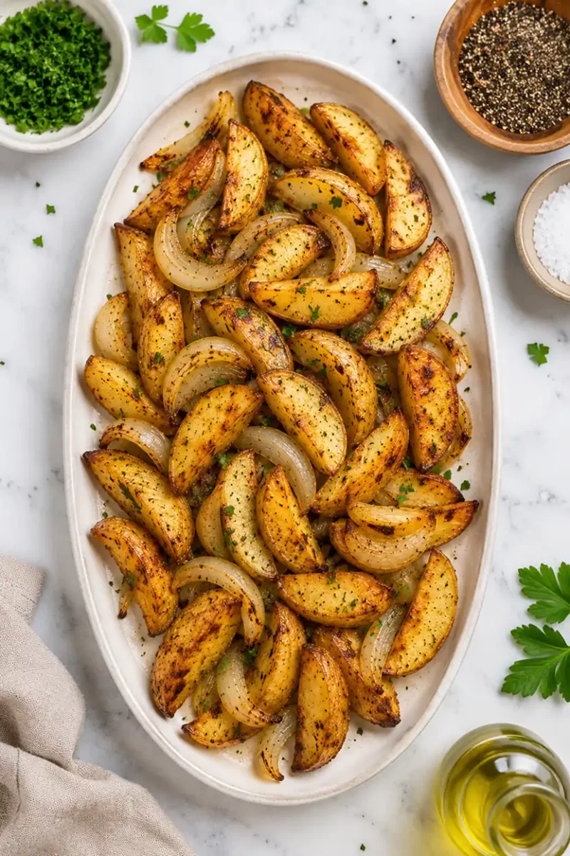 Golden air fryer potato wedges and onions arranged on a serving platter with herbs and olive oil