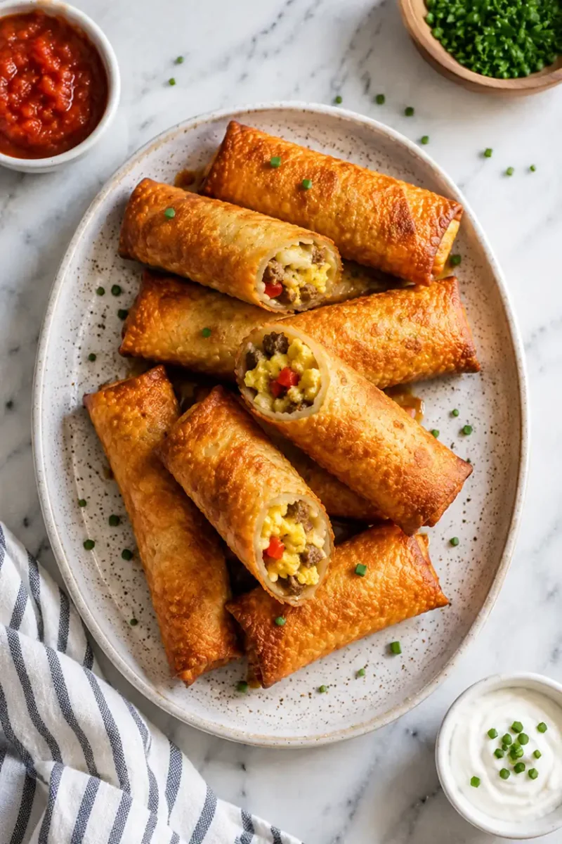 Homemade breakfast taquitos filled with eggs sausage and vegetables on a serving platter