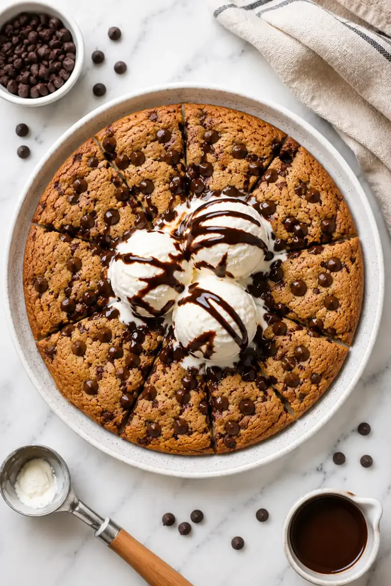 Chocolate chip cookie skillet sliced and topped with vanilla ice cream and chocolate sauce
