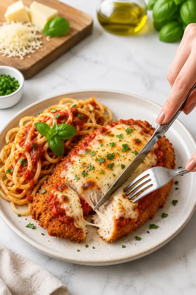 Cutting into crispy air fryer chicken parmesan with spaghetti and basil garnish on a dinner plate