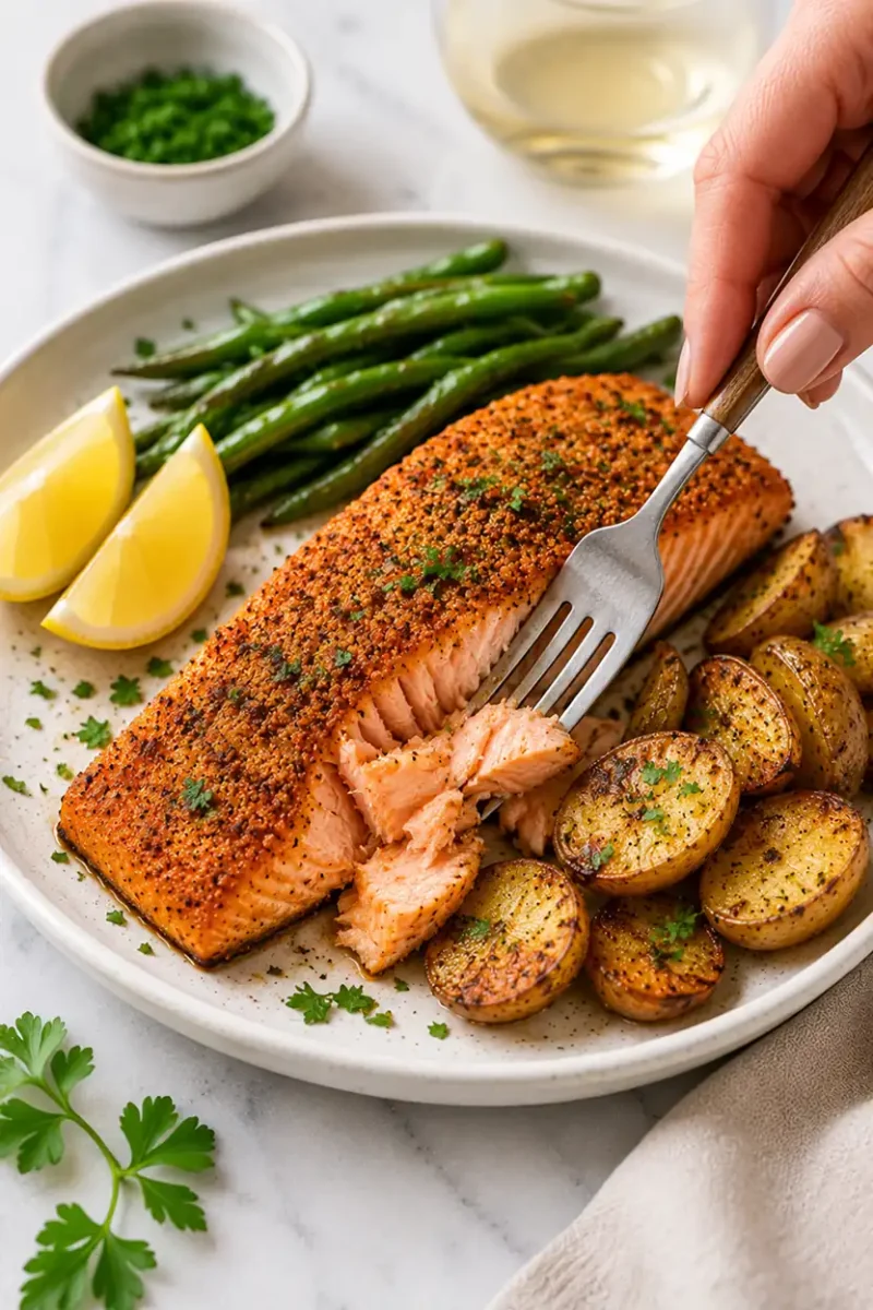 Fork flaking tender air fryer salmon served with roasted potatoes and asparagus