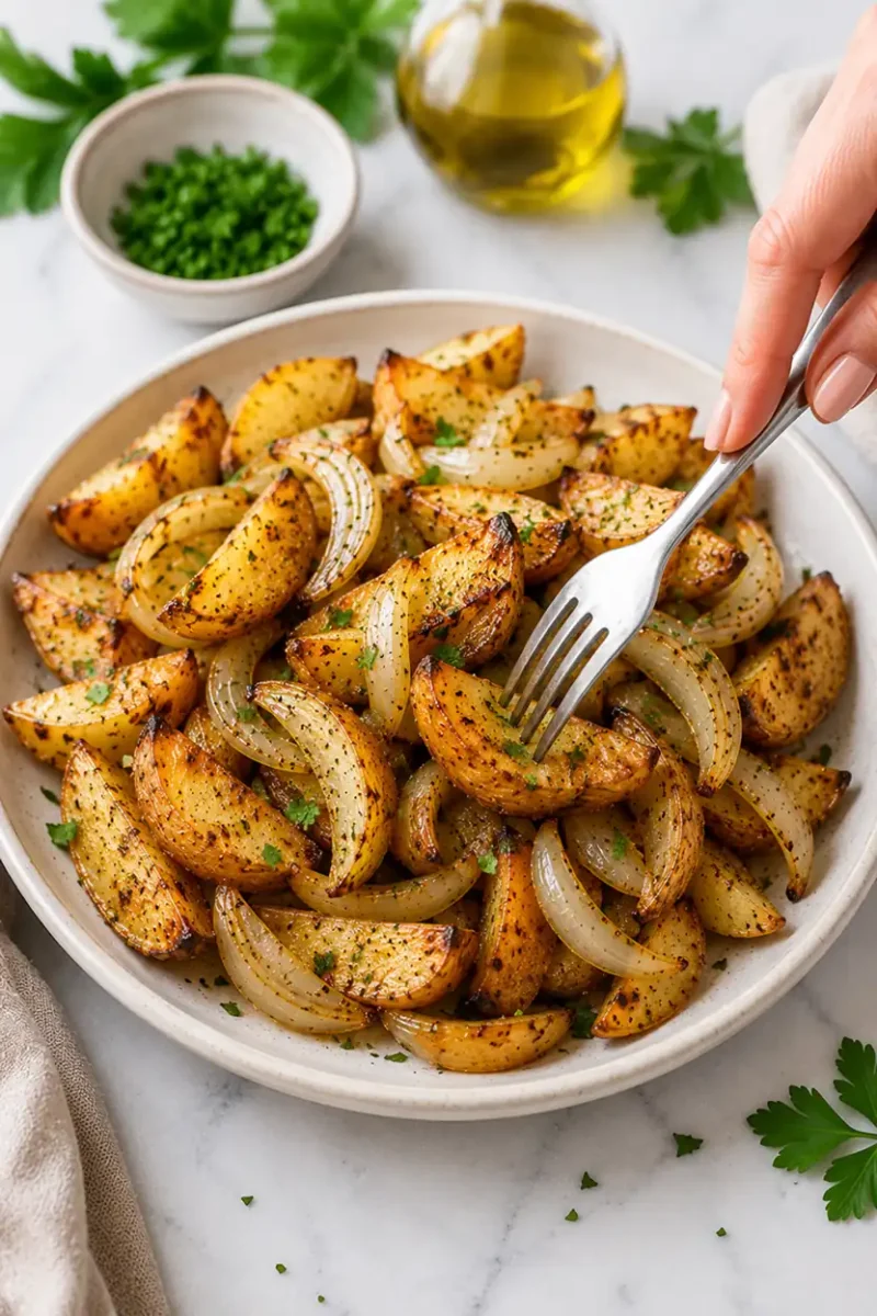 Fork picking up crispy air fryer potato wedges and onions from a plate with fresh parsley