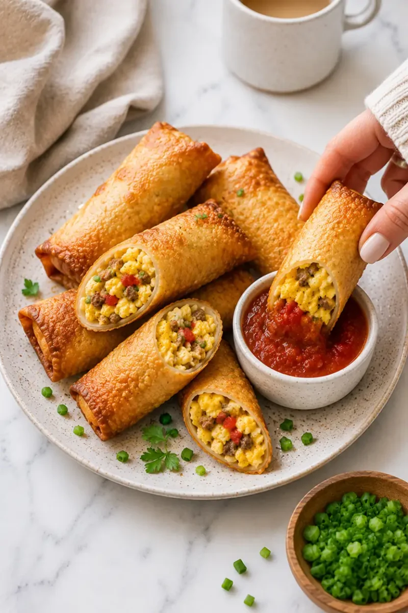 Hand dipping crispy breakfast taquito into salsa on a plate with fresh green onions