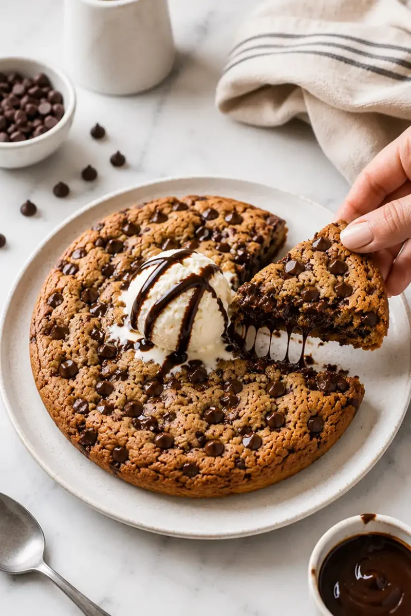 Hand lifting a slice of gooey chocolate chip cookie skillet topped with melting vanilla ice cream