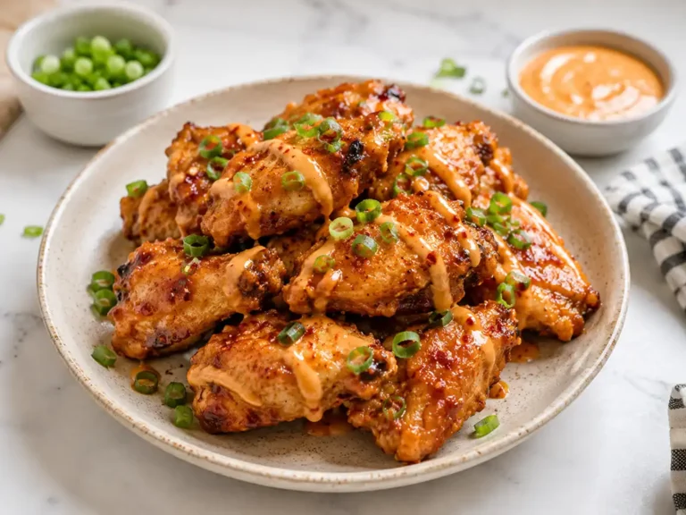Crispy air fryer chicken wings plated on a ceramic dish with creamy orange sauce drizzle, chopped green onions, and small dipping bowls on a white marble countertop.