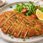 Crispy breaded air fryer chicken cutlets sliced on a ceramic plate with arugula, cherry tomatoes, lemon wedges, and flaky sea salt on a marble countertop.