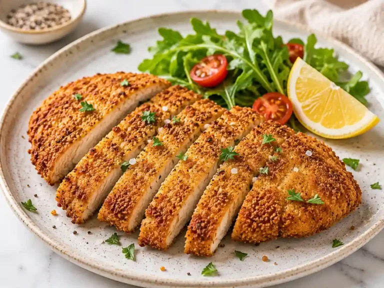 Crispy breaded air fryer chicken cutlets sliced on a ceramic plate with arugula, cherry tomatoes, lemon wedges, and flaky sea salt on a marble countertop.