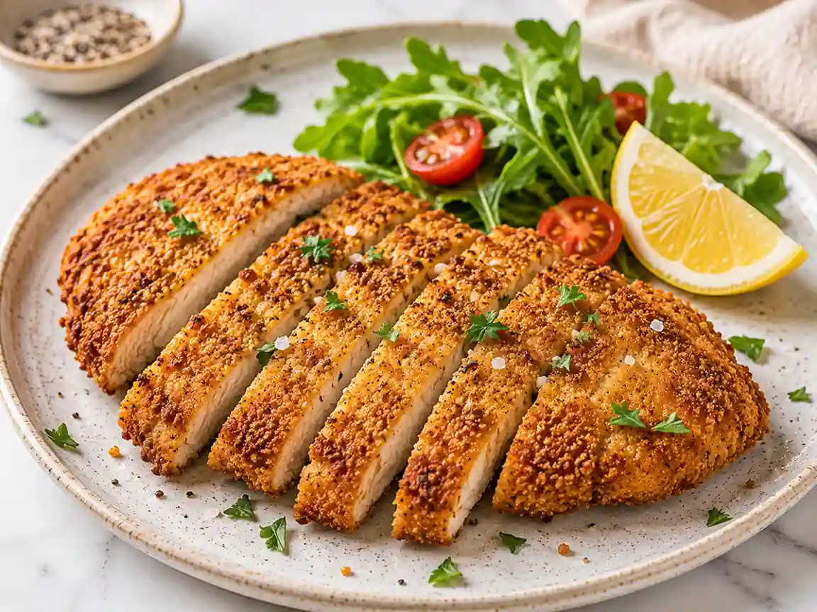 Crispy breaded air fryer chicken cutlets sliced on a ceramic plate with arugula, cherry tomatoes, lemon wedges, and flaky sea salt on a marble countertop.