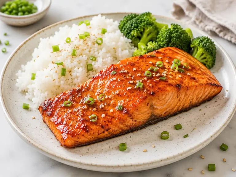 Glazed air fryer salmon fillet served with white rice and steamed broccoli on a ceramic plate, topped with sesame seeds and chopped green onions on a bright marble surface.