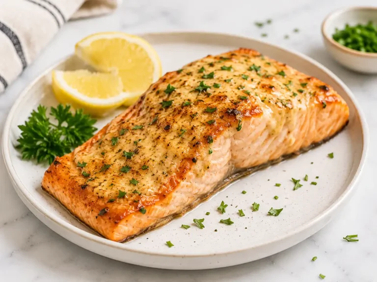 Juicy air fryer salmon fillet topped with garlic herb butter seasoning, served with lemon wedges and parsley on a ceramic plate over a bright marble countertop.