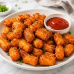 Crispy air fryer tater tots served on a ceramic plate with ketchup dipping sauce, chopped green onions, and golden crunchy texture on a bright marble countertop.