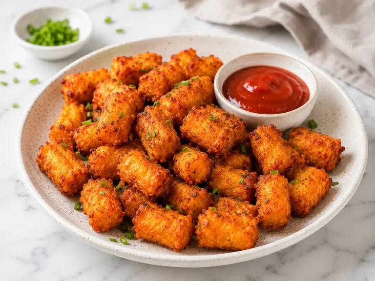 Crispy air fryer tater tots served on a ceramic plate with ketchup dipping sauce, chopped green onions, and golden crunchy texture on a bright marble countertop.