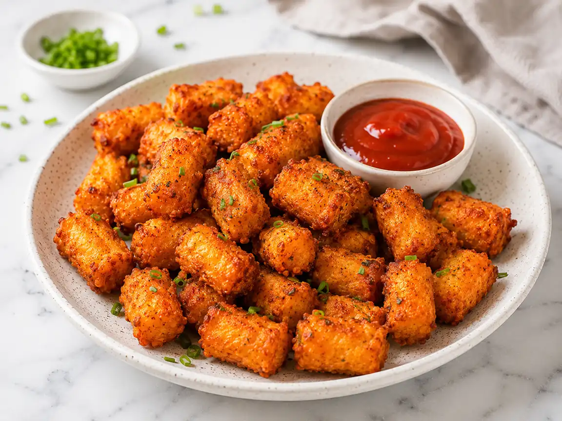 Crispy air fryer tater tots served on a ceramic plate with ketchup dipping sauce, chopped green onions, and golden crunchy texture on a bright marble countertop.