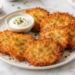 Crispy potato pancakes served on a ceramic plate with creamy sour cream dip, golden shredded potato edges, and fresh chive garnish on a marble countertop.