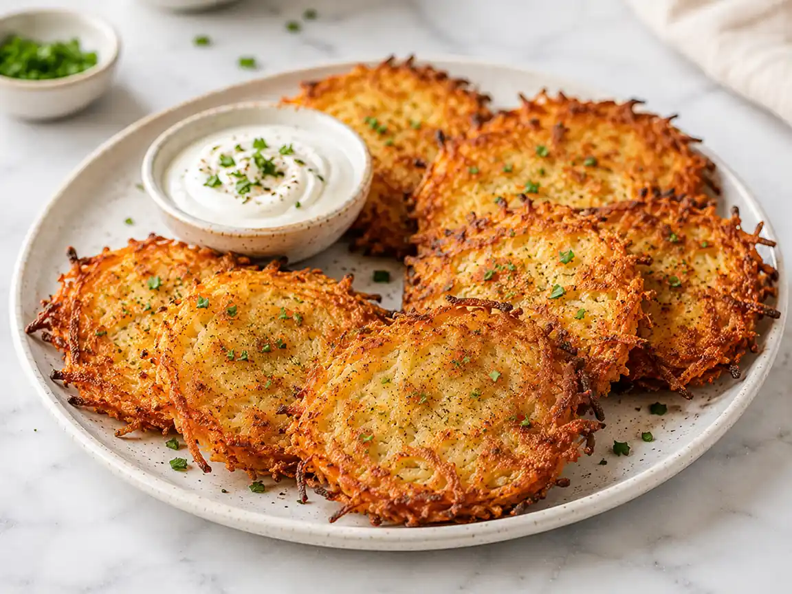 Crispy potato pancakes served on a ceramic plate with creamy sour cream dip, golden shredded potato edges, and fresh chive garnish on a marble countertop.