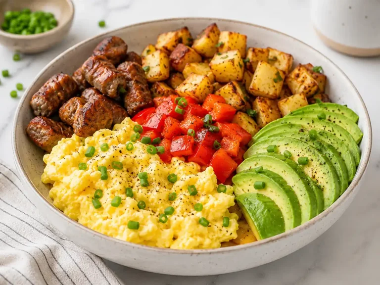Air fryer breakfast bowl with scrambled eggs, crispy breakfast potatoes, seasoned steak bites, sliced avocado, and diced tomatoes served on a ceramic bowl over a bright marble surface.