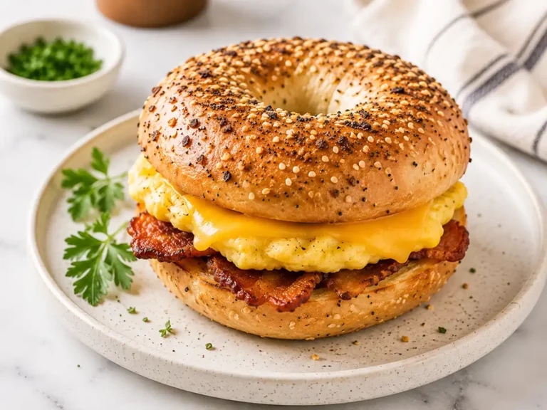 Air fryer breakfast bagel sandwich with fluffy eggs, melted cheddar cheese, and crispy bacon layered inside a seeded bagel on a ceramic plate.