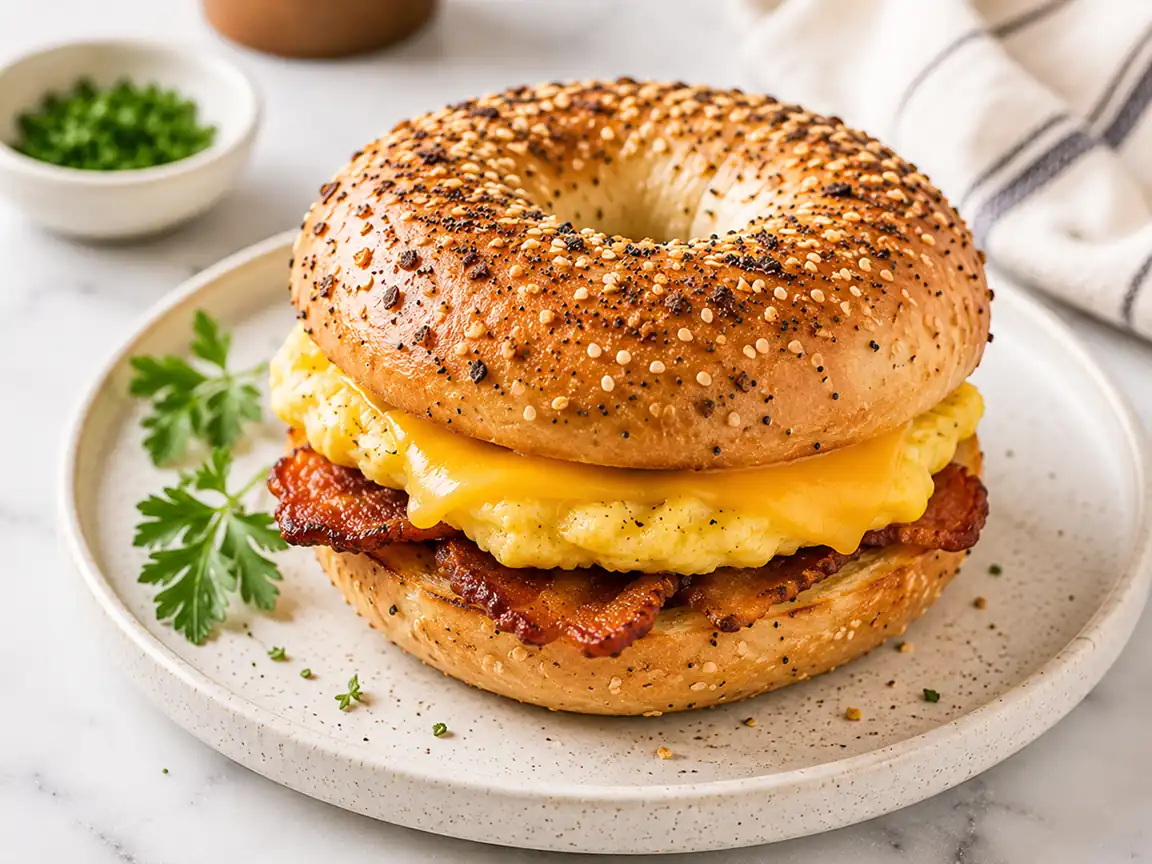 Air fryer breakfast bagel sandwich with fluffy eggs, melted cheddar cheese, and crispy bacon layered inside a seeded bagel on a ceramic plate.