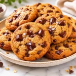 Thick air fryer chocolate chip cookies stacked on a ceramic plate with melted chocolate chunks, flaky sea salt, and oat texture on a bright marble countertop.