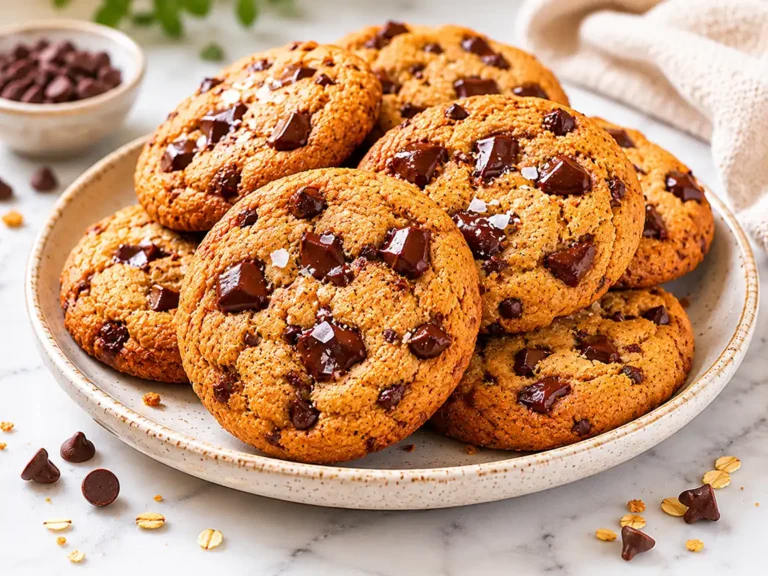 Thick air fryer chocolate chip cookies stacked on a ceramic plate with melted chocolate chunks, flaky sea salt, and oat texture on a bright marble countertop.