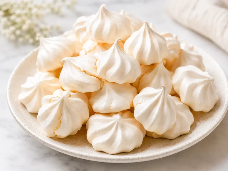 Air fryer meringue cookies piled on a ceramic plate with delicate swirled shapes, crisp white texture, and soft golden edges on a bright marble countertop.