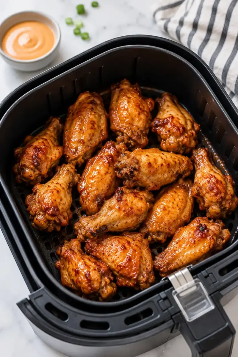 Golden brown chicken wings inside a black air fryer basket with crispy skin and glossy seasoning, styled on a bright marble kitchen surface with dipping sauce in the background.