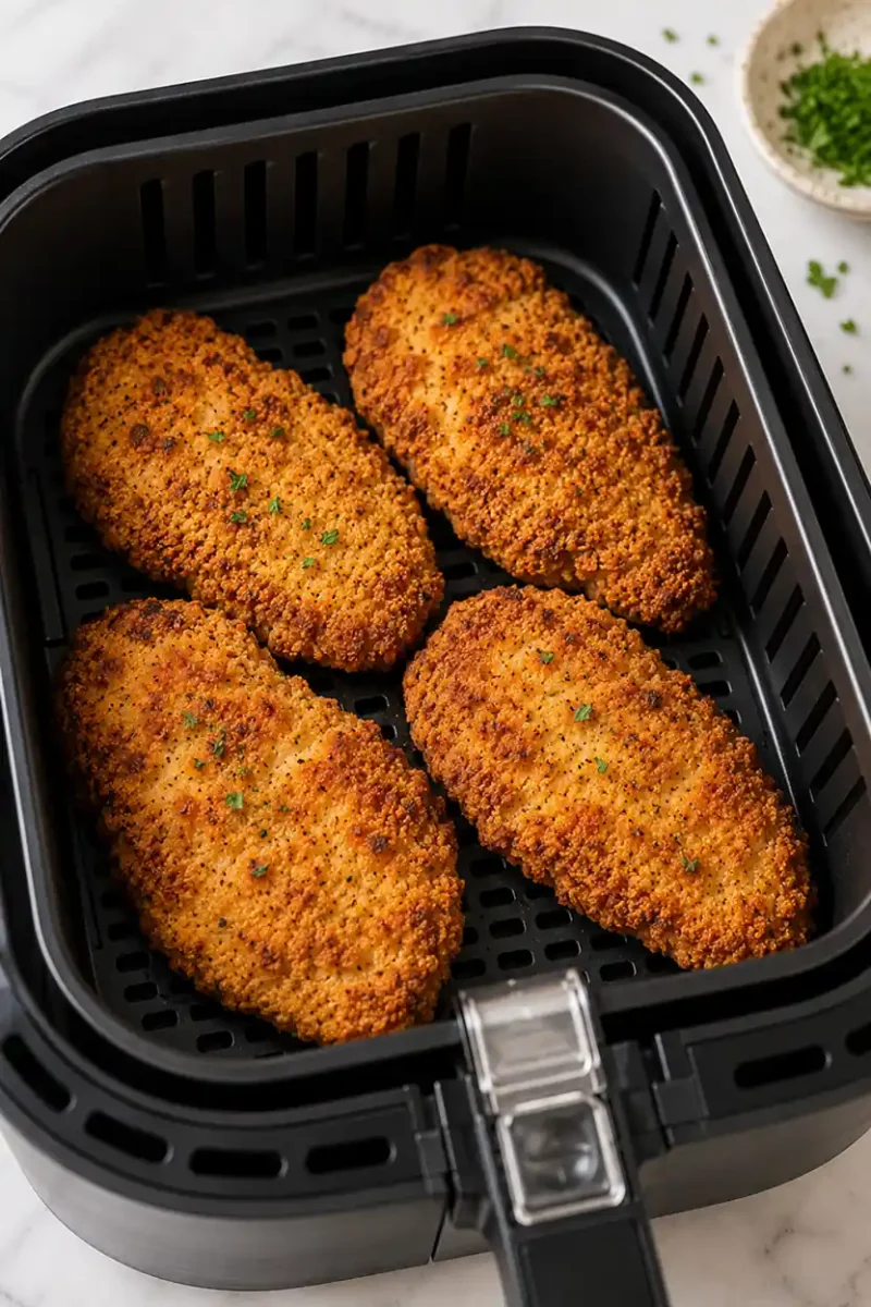 Golden breaded chicken cutlets cooking inside a black air fryer basket with crispy coating and parsley garnish on a bright kitchen surface.