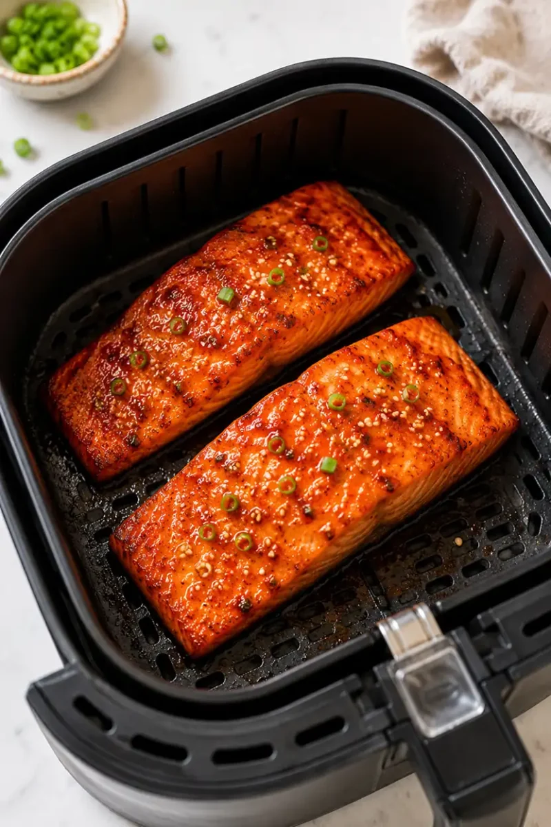 Two crispy glazed salmon fillets cooking inside a black air fryer basket with caramelized edges, sesame seed topping, and glossy seasoned surface.