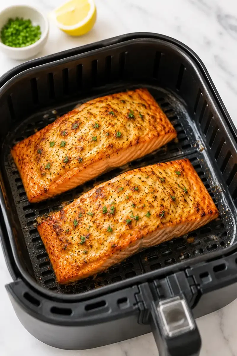 Two seasoned salmon fillets cooking inside a black air fryer basket with golden edges, garlic herb topping, and flaky tender texture.