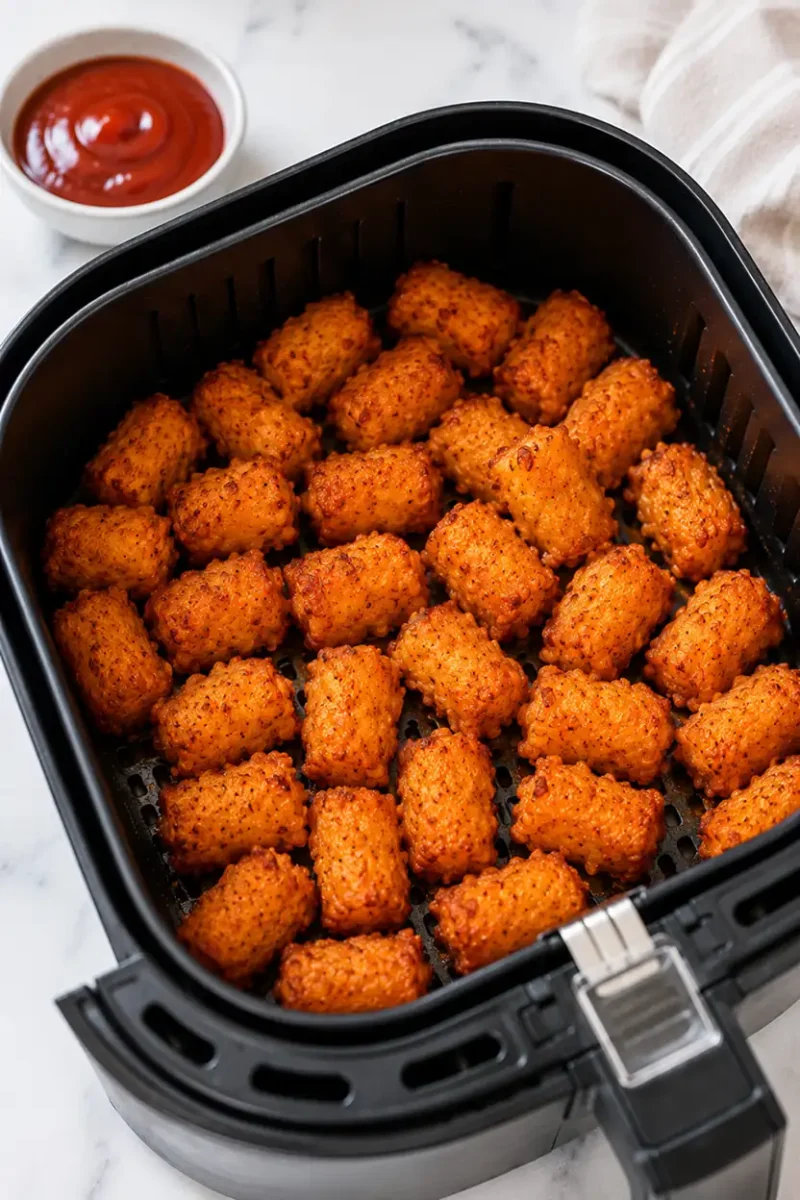 Golden brown tater tots inside a black air fryer basket with extra crispy coating, styled with ketchup dipping sauce on a clean white marble kitchen surface.