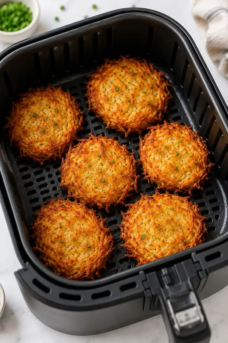 Golden air fryer potato pancakes cooking inside a black air fryer basket with crispy shredded potato texture and browned crunchy edges.