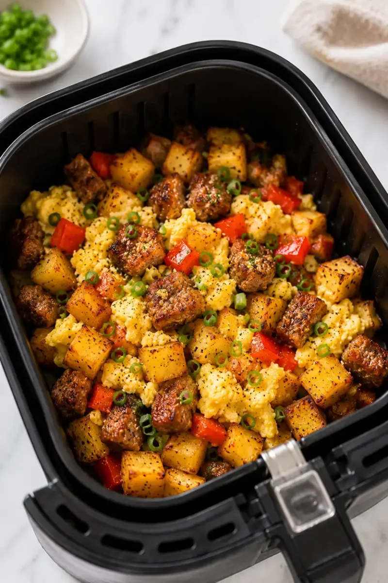 Loaded breakfast bowl ingredients inside a black air fryer basket with crispy potatoes, scrambled eggs, steak bites, diced tomatoes, and green onion garnish.