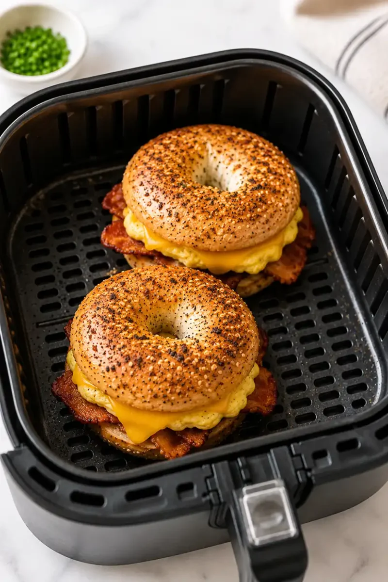 Breakfast bagel sandwiches inside a black air fryer basket with melted cheese, fluffy eggs, crispy bacon, and toasted everything bagels.