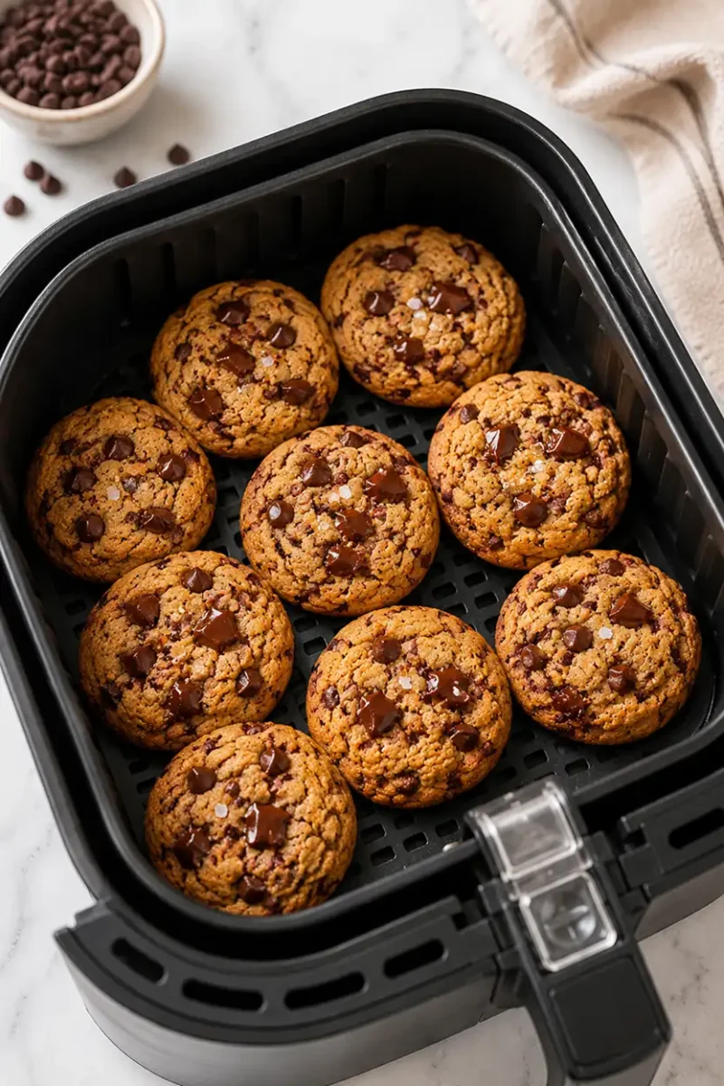 Freshly baked chocolate chip cookies inside a black air fryer basket with golden edges, melted chocolate chips, and soft chewy centers.