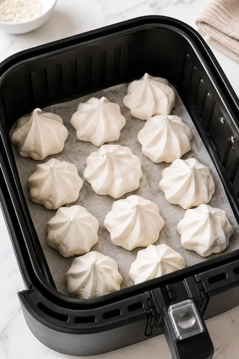 Fresh meringue cookies inside a black air fryer basket lined with parchment paper, featuring smooth swirled peaks and airy white texture before baking.
